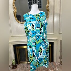 J.W. Treci Women’s Dress Size 18 Blue Green Ikat Print Sleeveless Sheath Stretch